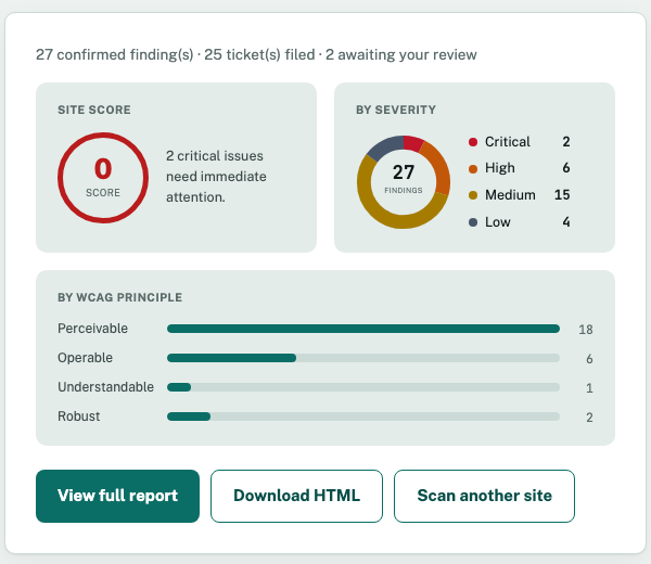 A completed scan report: site score, severity breakdown, and a chart of issues by WCAG principle